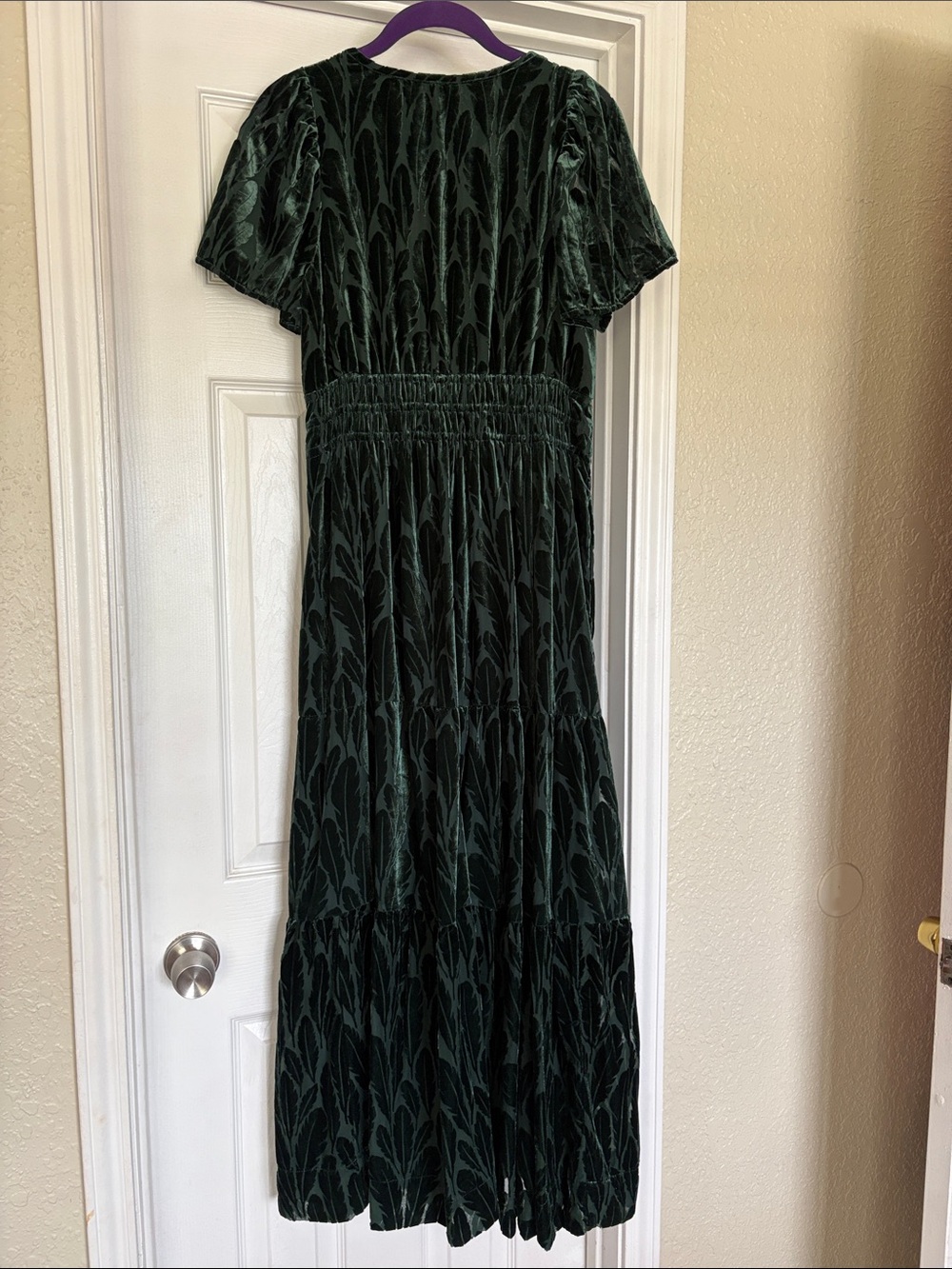 Anthropologie Dark Green Velvet Feather Maxi Dress, NWT - Picture 4 of 8